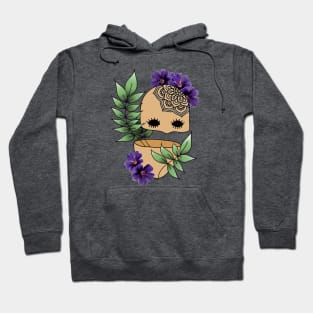 Surreal Plant Person with Realism Flowers and Mandala Tattoo on Bald Head Hoodie